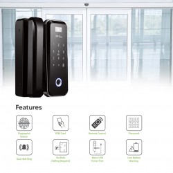 ZKTeco Glass Door Lock with Door Bell, RFID, Fingerprint, Remote & Passcode - GL300 Glass (10-12 mm Thickness)