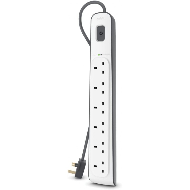 Belkin 6 Way/6 Plug Surge Protection Strip With 2 Meters Cord Length - Heavy Duty Electrical Extension Socket