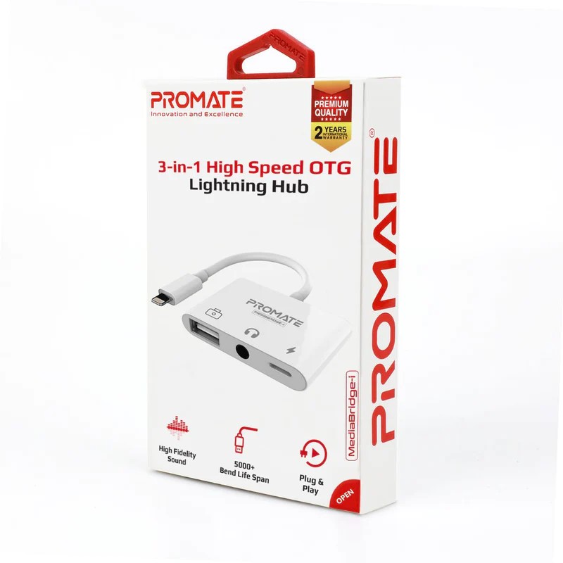 Promate 3-IN-1 HUB FOR LIGHTNING TO 3.5MM JACK USB 3.0 PORT AND LIGHTNING CHARGING PORT