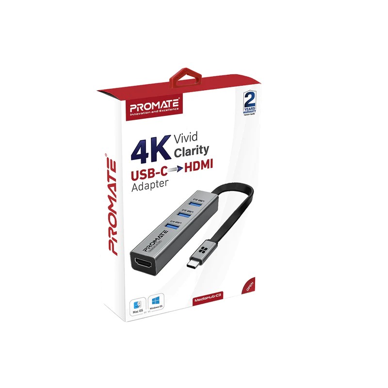 Promate USB-C to HDMI Adapter, Ultra-Compact Type-C to 4K 30Hz HDMI Hub with 3 USB 3.0 Sync Charge 5Gbps Ports