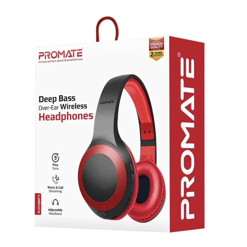 PROMATE DEEP BASS OVER-EAR WIRELESS HEADPHONES RED